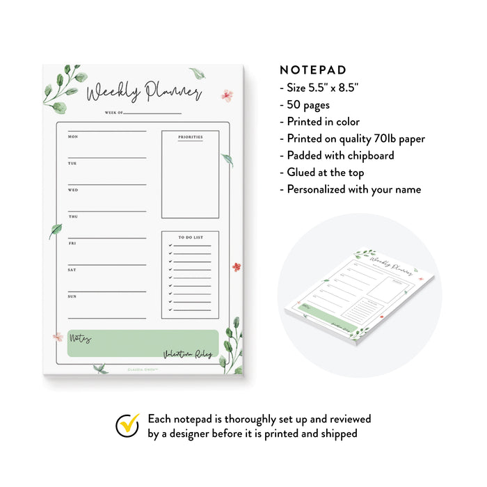 Weekly Personal Planner Customized Notepad, Personalized Greenery Desk Notepad, Floral To Do List, Life Organizer with Green Leaves, Trendy Weekly Agenda