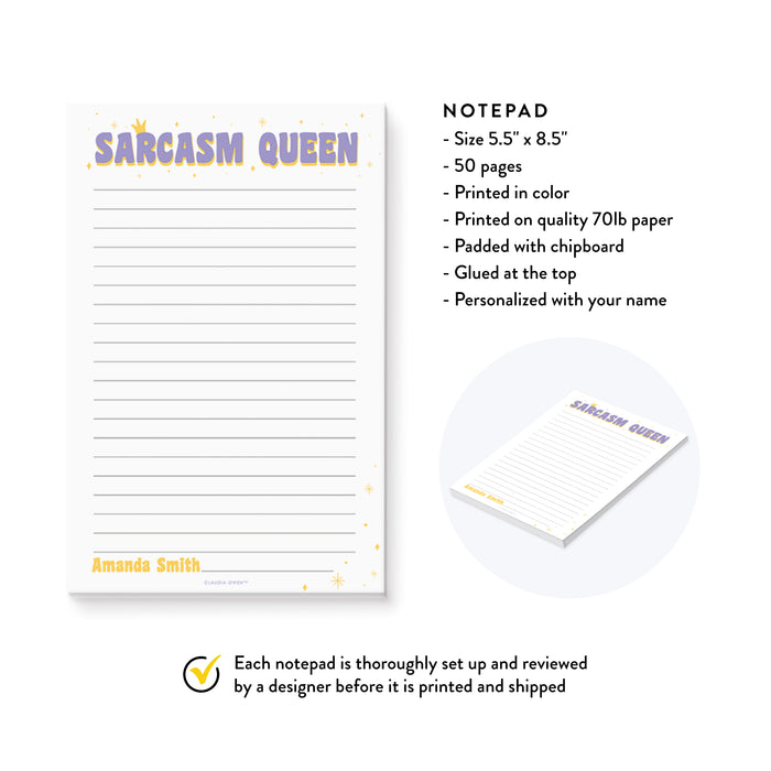 Sarcasm Queen Notepad, Personalized Funny Office Pad, Fun Gifts for Women, Funny Office Gifts for Coworkers, Custom Sassy Gifts