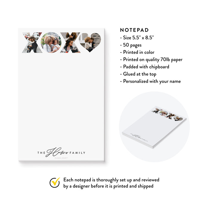 Personalized Family Notepad XOXO, Mother's Day Gift, Stationery for Mom Hugs and Kisses, Custom Notepad with Kid's Photos
