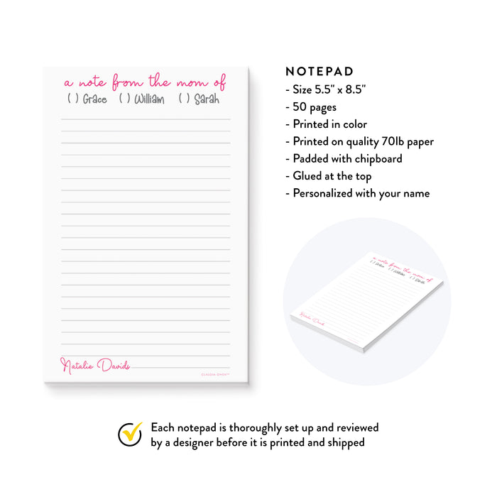 A Note From The Mom of Notepad, Mom Notes To School, Gift for Parents, Family Stationery Pad, Personalized Parents Notepad