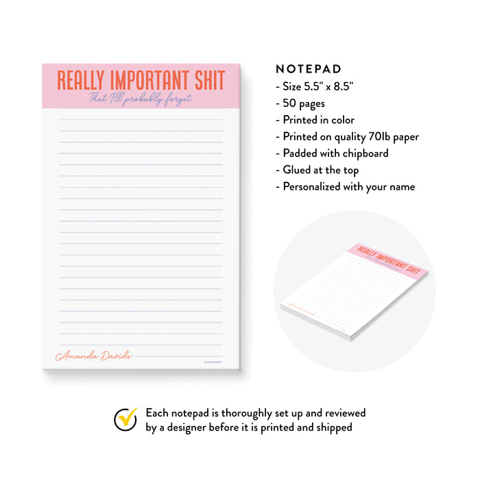 Really Important Shit That I'll Probably Forget Notepad, Funny Office Gifts for Men and Women, Novelty Gifts for the Forgetful
