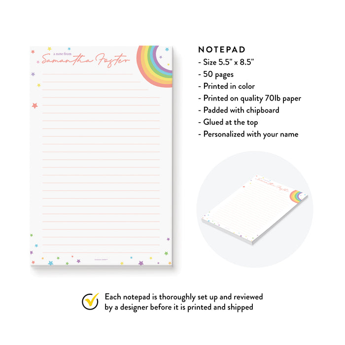A Note From Notepad, Rainbow Notepad for Girls, Kids Personalized School Stationery Pad, Rainbow Gifts, Cute Lined Notepad