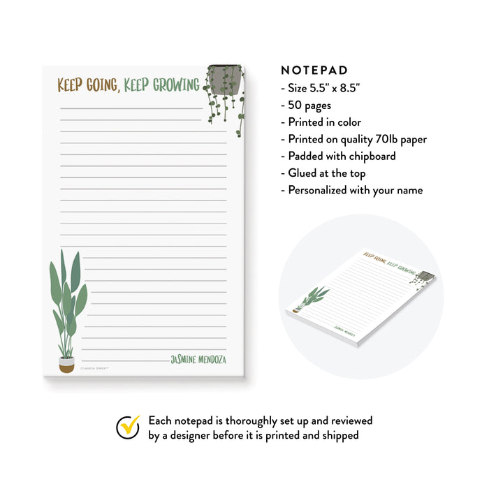 Plant Lady Notepad, Keep Going Keep Growing, Personalized Gardening Gift, To Do List Houseplant Notepad, Plant Lover Gift Planner Pad