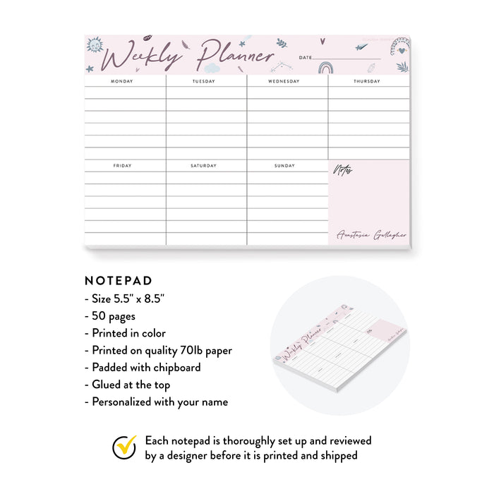 Weekly Planner Floral Notepad, Kid's School Notepad Planner, Cute Personalized Desk Notepad Floral To Do List Life Organizer Desk Pad