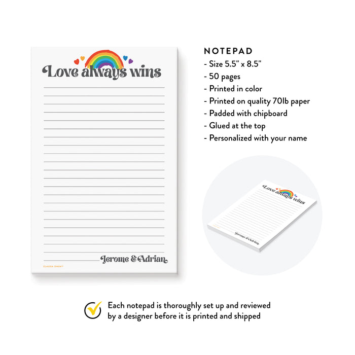 Love Always Wins Notepad, Daily To Do List Planner Pad, Lgbtq Gifts for Gay Couple Friend Coworker, Gay Pride Rainbow Personalized with Name
