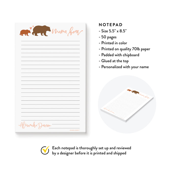 Cute Mama Bear Notepad, Mom and Baby Bear Gifts Stationery Writing Pad, Custom Mothers Day Gift, Baby Shower Gift For Mom
