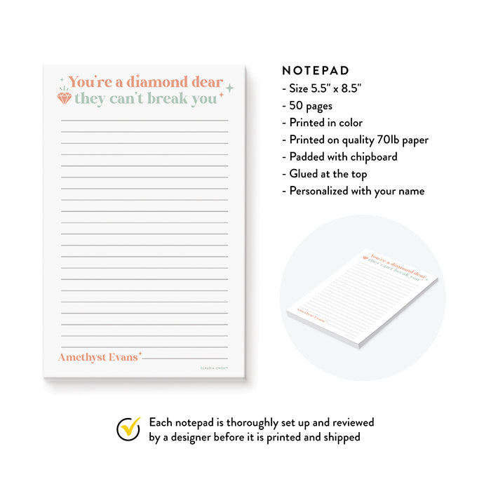 You're a Diamond Dear They Can't Break you Notepad, Motivational Gifts for Women and Girls Encouragement Notes, Best Friend Gift