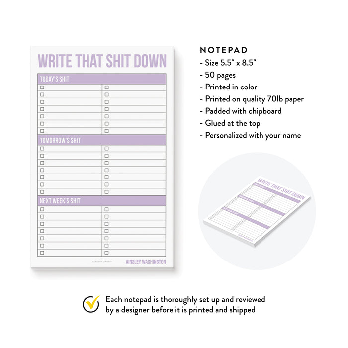 Write That Shit Down Notepad with Checklist, Weekly Shit List Notepad, Personalized Funny Pad, Office Gag Gifts