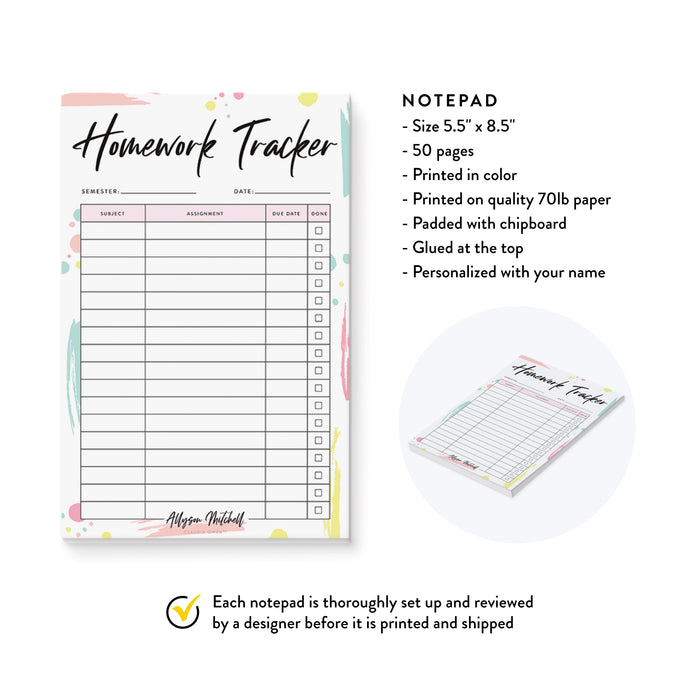 Homework School Tracker Notepad, Assignment Tracker Note Pad Student Notepad Planner, Personalized School Notepad, Schoolwork Tracker