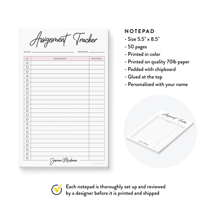 Assignment Tracker Notepad for School, Homework Tracker Pad, Student Notepad Planner, Personalized Schoolwork Tracker, Study Notepad