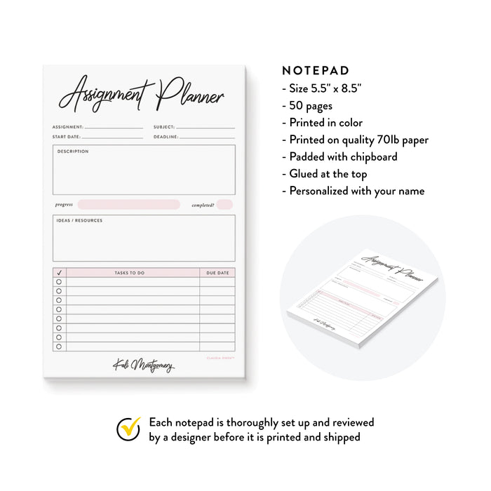 Assignment Planner Notepad, College Student Pad, Homework Planner Paper, School Notepad, Student Gifts