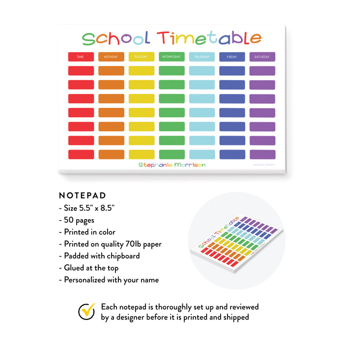 School Timetable Notepad for Children, Weekly Kids Notepad, Children's Personalized School Week Planner, Homeschool Planner, Weekly Activity Organizer