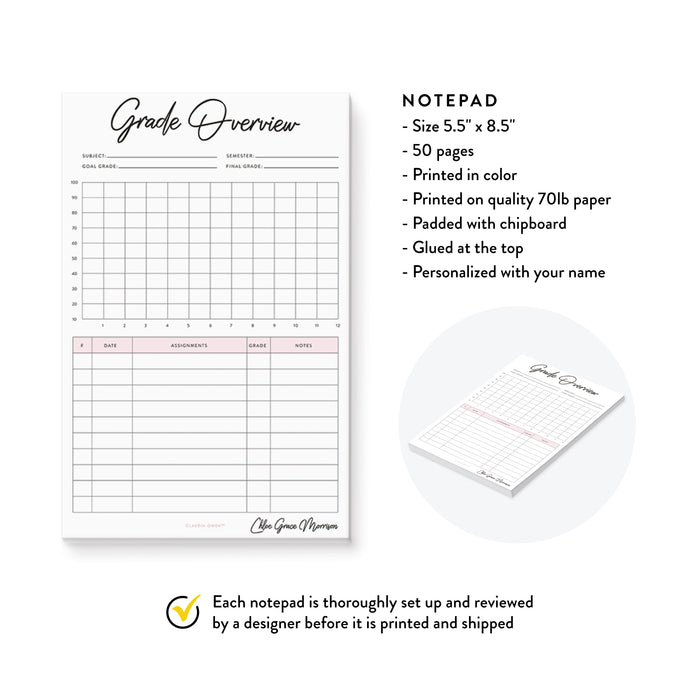 Grade Overview Notepad, Grade Sheet for Teacher and Students, Class Gr