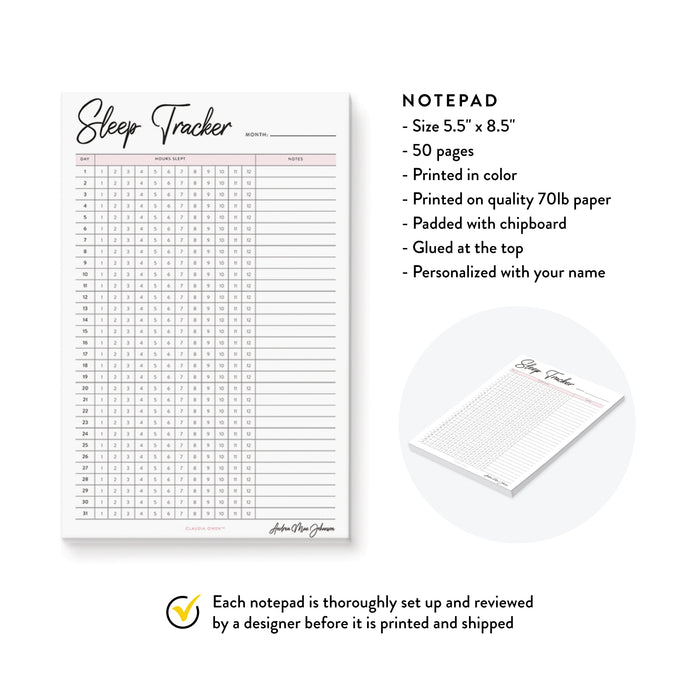 Sleep Tracker Notepad Personalized, Monthly Sleep Log Health Tracker, Sleep Journal Health Planner, Custom Sleep Chart Writing Pad
