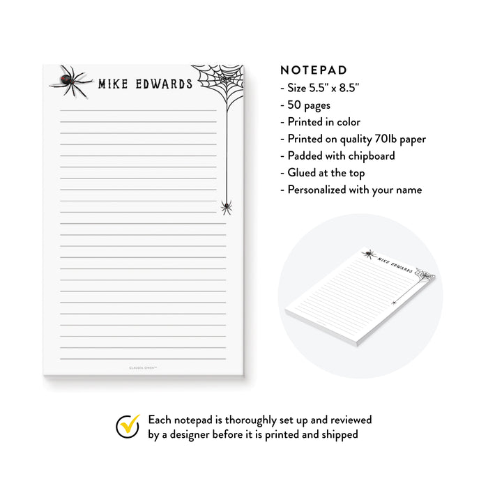 Personalized Spider Notepad, Halloween Stationery Gifts for Boys and Girls, Spider Web Writing Stationery Pad, Spooky Gift