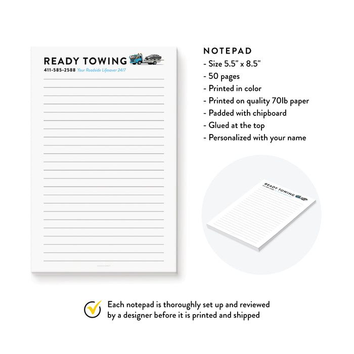 Custom Towing Service Notepad, Personalized Business Notepad for Towing Services, Marketing Stationery Pad for Towing Companies