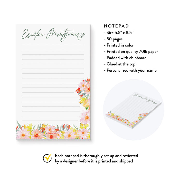 Personalized Floral Notepad, Summer Grocery Shopping List, To Do List Stationary with Flowers, Gift For Women