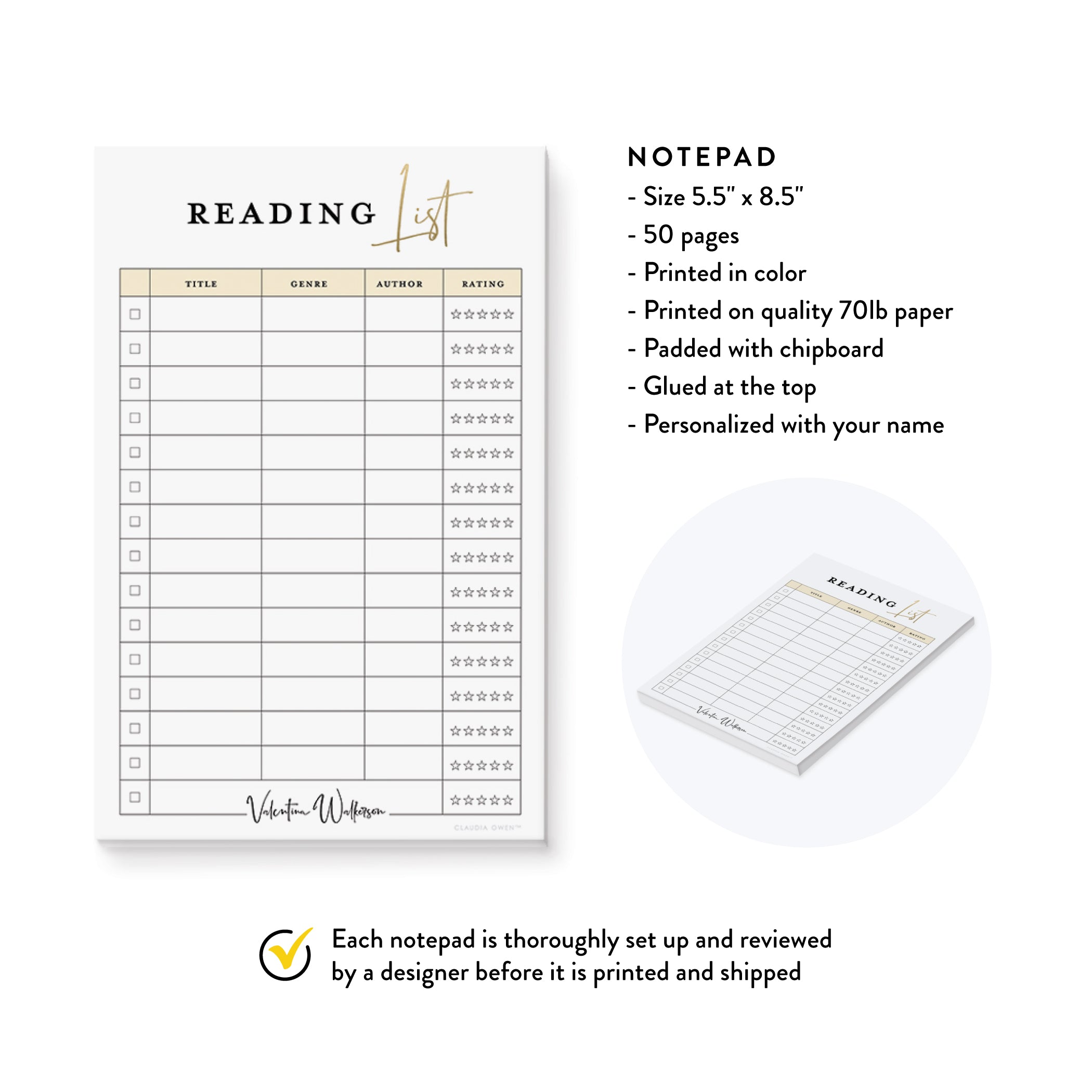 Reading List Notepad, Personalized Book List Pad, Reading Log Notepad