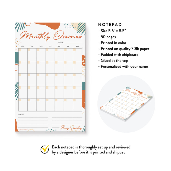 Monthly Overview Notepad, Monthly Agenda Planner Organizer, Personalized Monthly Goals Overview, Month at a Glance, Mom Gifts