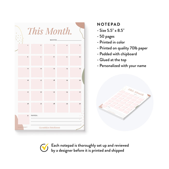 Monthly Planner Notepad Personalized with Your Name, Goals Overview Notepad, Calendar Pad