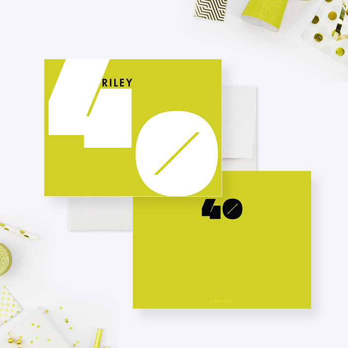 personalized 40th birthday thank you card with bright yellow background and bold white number design-front-back