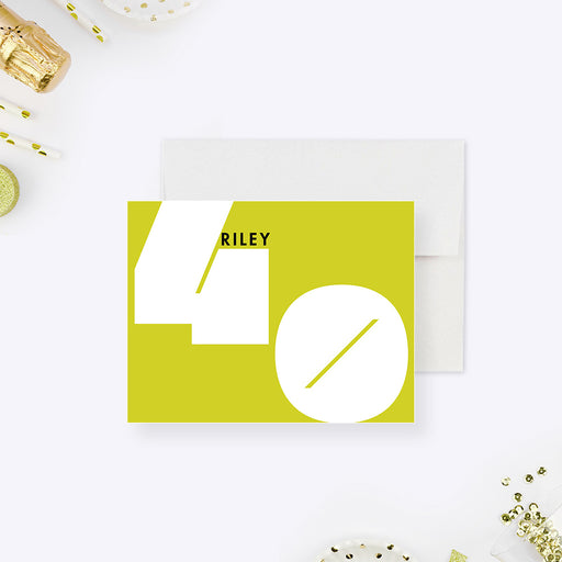 personalized 40th birthday thank you card with bright yellow background and bold white number design-front
