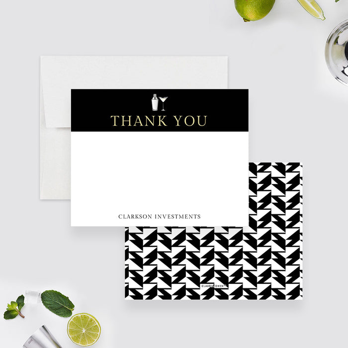 Personalized cocktail thank you card with shaker and glass