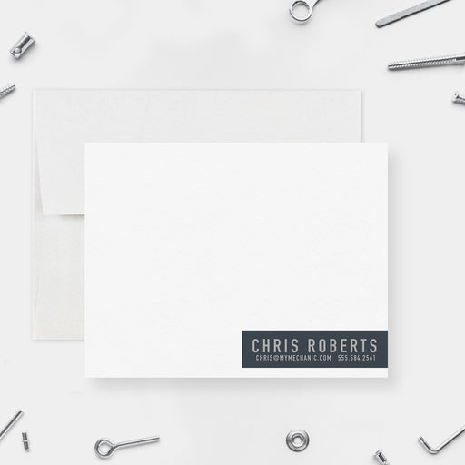 Personalized mechanic note card with gear icons and custom name and contact info in a modern industrial style.