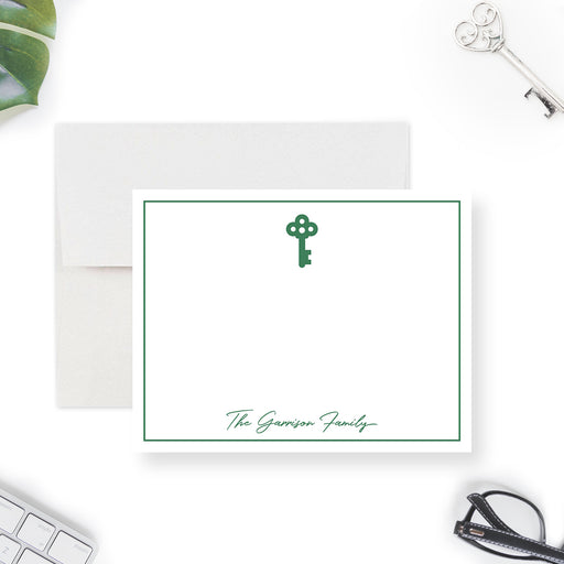 Tropical-themed personalized we have moved cards with key icon and palm print. Perfect for stylish address change announcements.