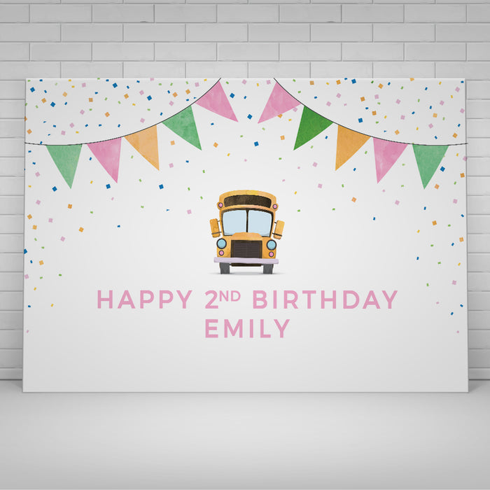 Bus Birthday Digital Pink Banner Template, Kids Birthday Backdrop Poster