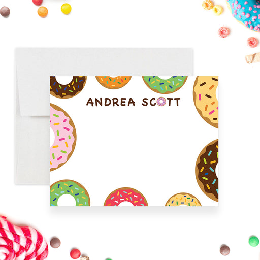 Personalized donut note card with colorful sprinkled donut border and custom name at the top.