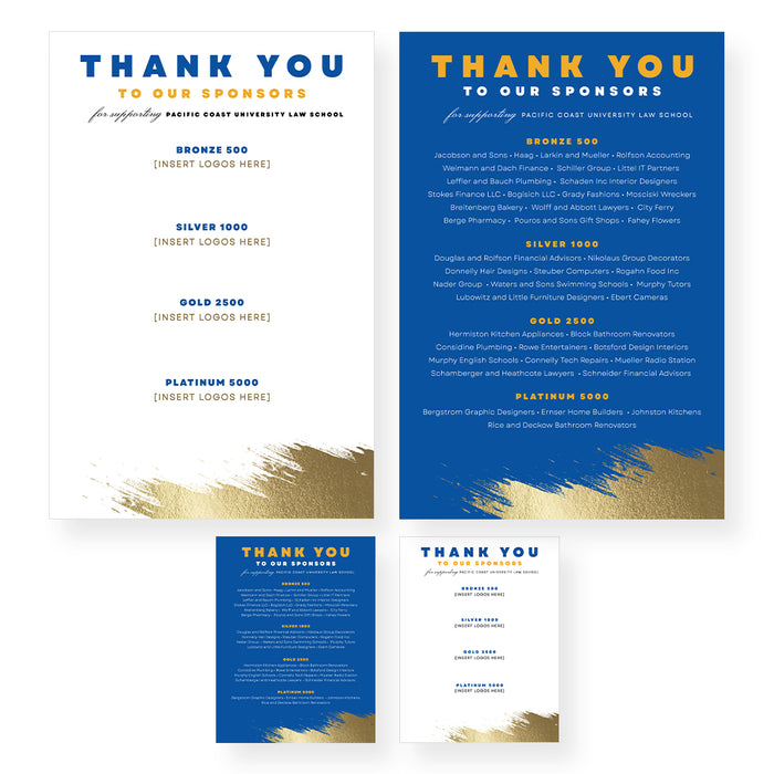 Sponsorship Thank You Poster Digital Download, Elegant Formal Gala Sponsorship Poster Template Set in Blue and Gold