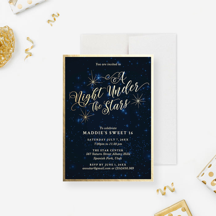 Celestial Sweet Sixteen Invitation Card, A Night Under The Stars Party, Starry Night Invitation Card for Birthday Celebration for Teens