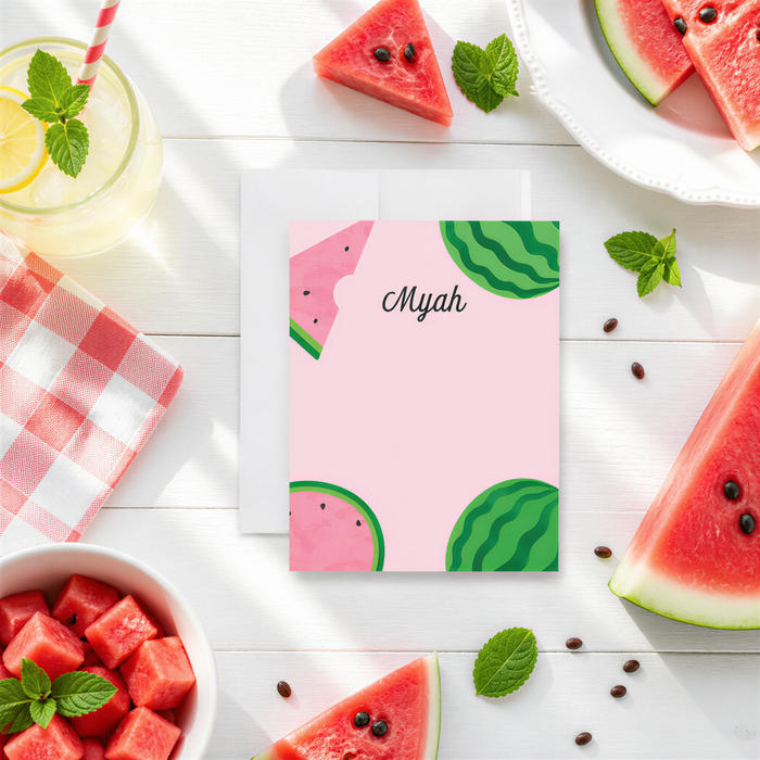a pink card with a watermelon design, surrounded by various fruits and a drink on a white wooden surface.