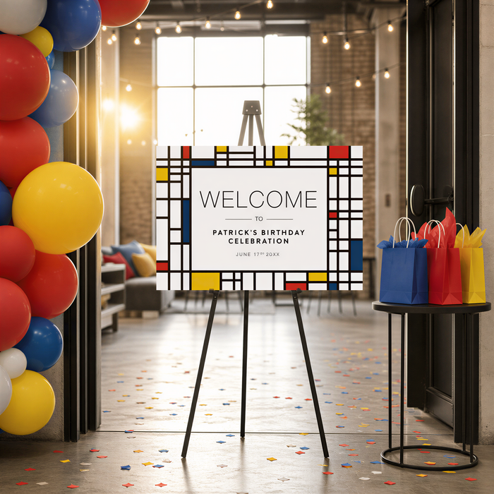 a colorful birthday celebration with a large sign welcoming guests to Patrick's birthday party. The sign is displayed on an easel in a room decorated with balloons and confetti, creating a festive atmosphere.