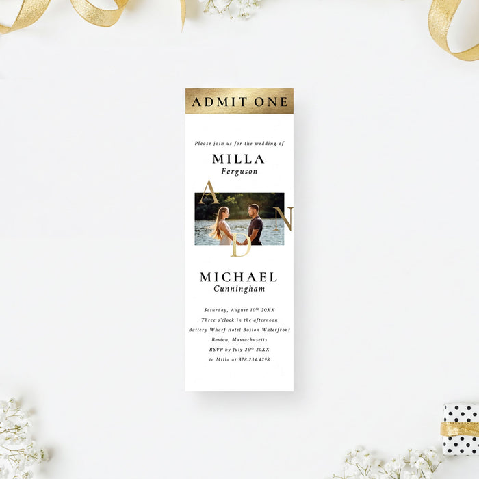 The image is a wedding invitation card featuring a couple in a photograph, with text providing details about the wedding event.