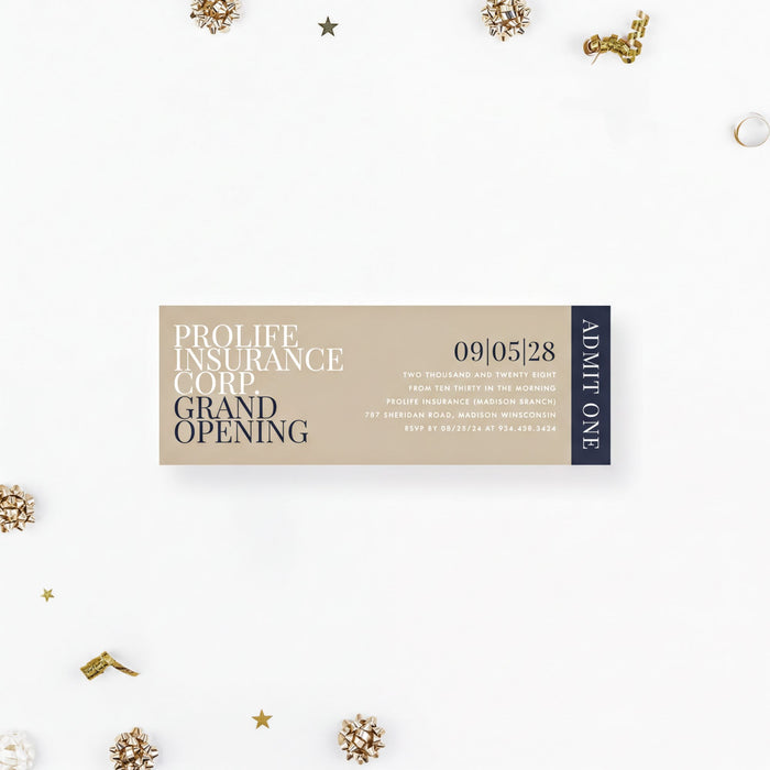The image is a ticket for the grand opening of the ProLife Insurance Corp.