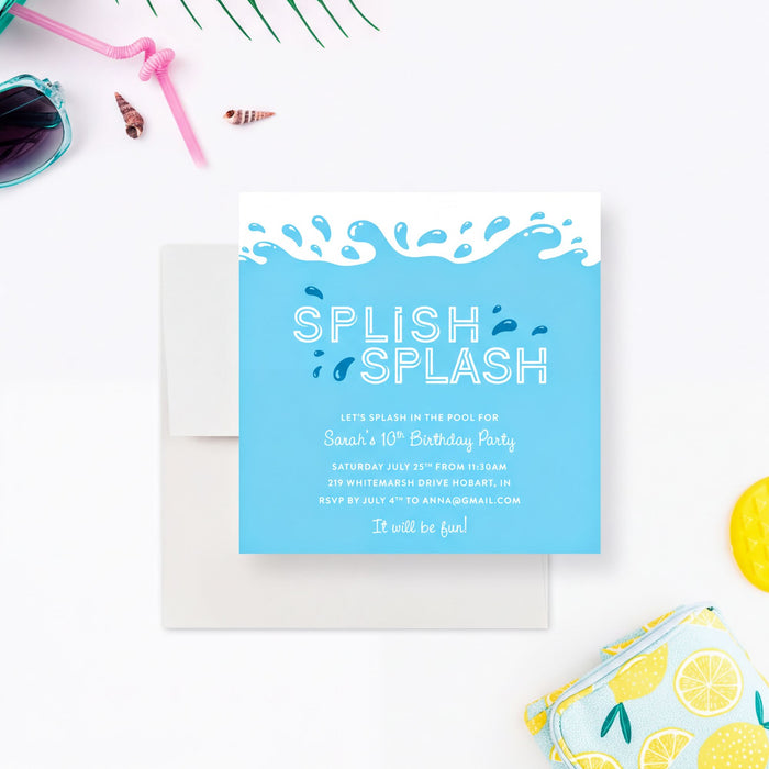 A pool-themed birthday invitation card with 'Splish Splash' text and water splash design, displayed on a white background.