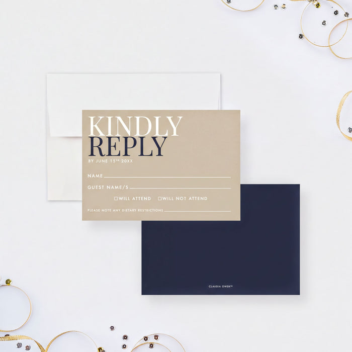a response card with a neutral color palette, featuring a simple design with text and instructions.