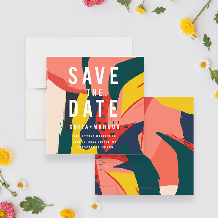 Abstract Wedding Save the Date Card, Colorful Save the Date with Artistic Brushstroke Pattern