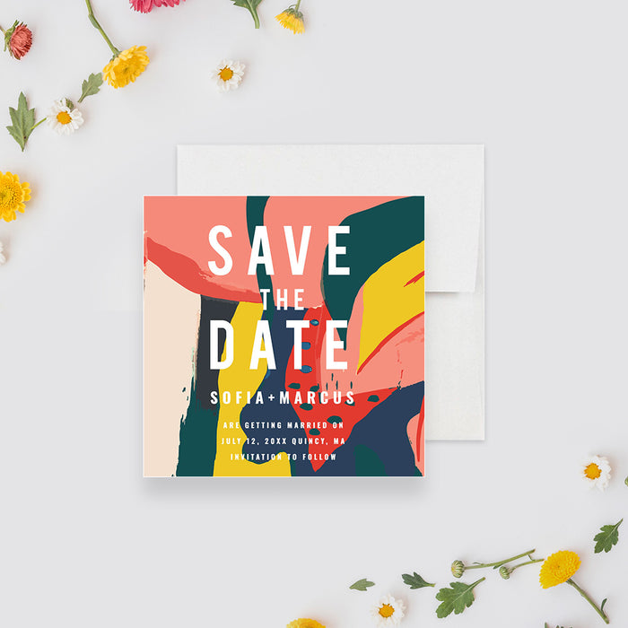 Abstract Wedding Save the Date Card, Colorful Save the Date with Artistic Brushstroke Pattern