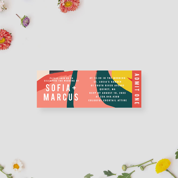 Abstract Wedding Ticket in Colorful Brushstroke Pattern, Unique and Fun Wedding Anniversary Ticket Invitation, Creative Engagement Wedding Ticket