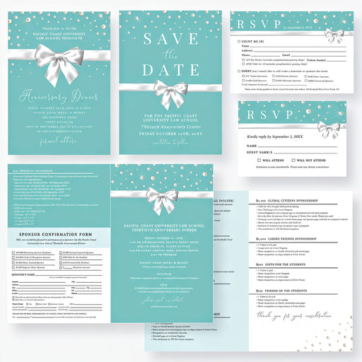 a collection of wedding invitation cards and RSVP forms, all with a teal and white color scheme. The cards feature a white ribbon and bow design, and the RSVP forms include a list of names and a space for the RSVP card.