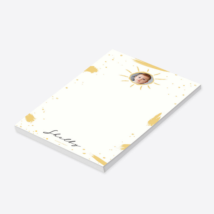 Cute White and Yellow Notepad with Paint Splatter, Our Little Sunshine Kids Birthday Party Favor, Adorable Sun Notepad Personalized with Child’s Photo