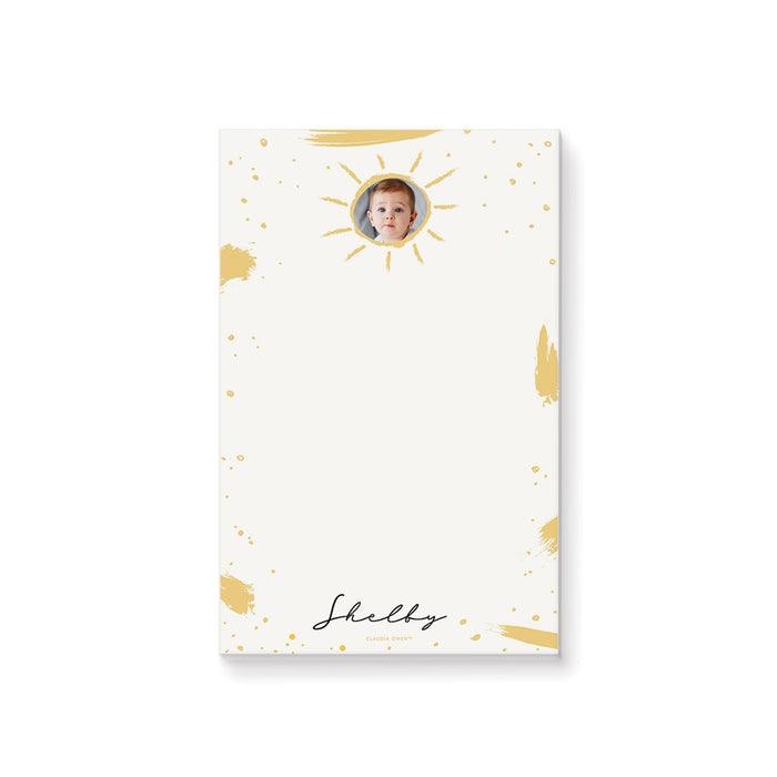 Cute White and Yellow Notepad with Paint Splatter, Our Little Sunshine Kids Birthday Party Favor, Adorable Sun Notepad Personalized with Child’s Photo