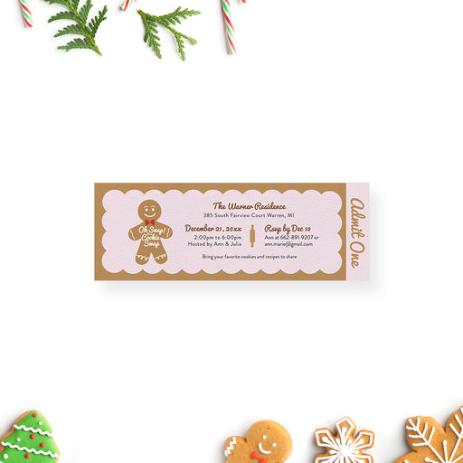 a gingerbread man ticket invitation card with oh snap is a cookie swap written on it 