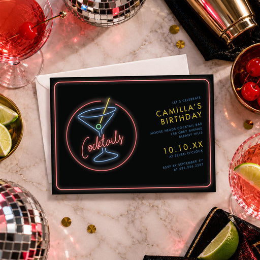 neon cocktail party birthday invitation with glowing martini drink design on black background
