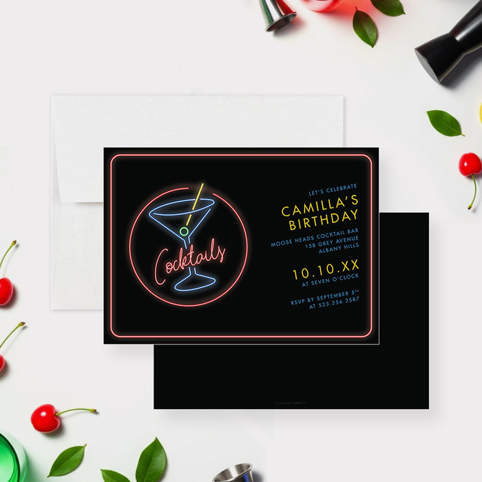 neon cocktail party birthday invitation with glowing martini drink design on black background-front-back