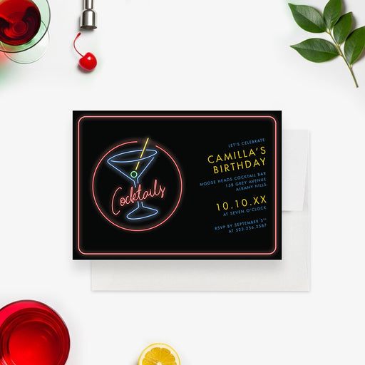 neon cocktail party birthday invitation with glowing martini drink design on black background-front