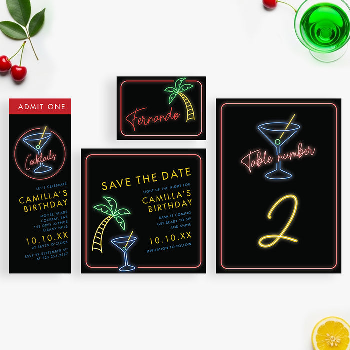 Neon Cocktail Party Invitation Adult Birthday Night Party